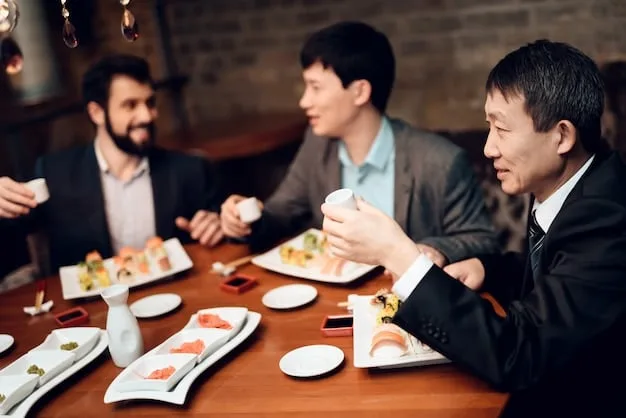 A photograph of a group of Japanese businessmen engaging in a formal tea ceremony, showcasing respect, tradition, and the concept of Wa in a business setting.