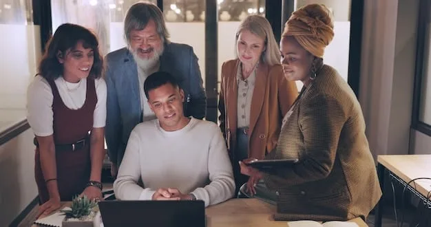 An image of a diverse team of US and Japanese professionals working together harmoniously in a modern office setting, symbolizing successful cross-cultural collaboration.