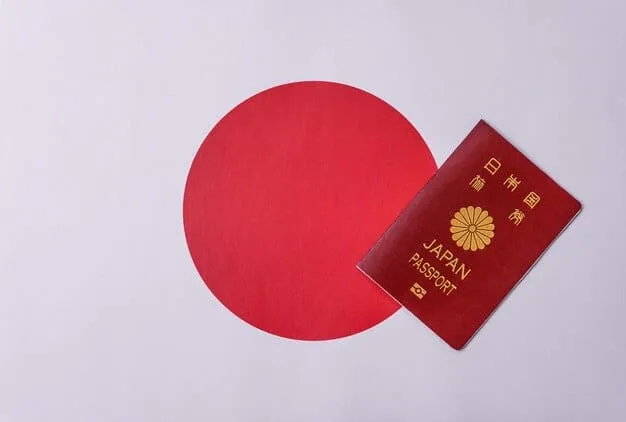 A close-up shot of a US passport and a Japanese shopping receipt, highlighting the tax-free section with a red circle. The background is blurred to focus on these two elements.