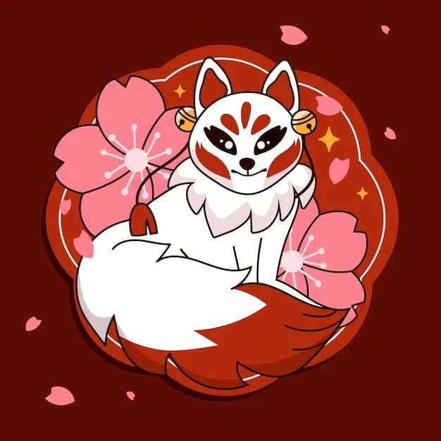 A playful and curious Kitsune Yokai with nine tails, sitting gracefully amongst cherry blossoms under a moonlit sky, with traditional Japanese lanterns glowing nearby, capturing a magical and serene atmosphere.
