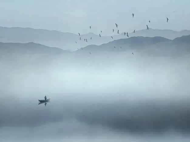 A serene sumi-e landscape painting with misty mountains and a solitary boat on a calm lake, showcasing the subtle gradations of ink and the strategic use of empty space.
