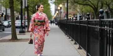 Modern woman in authentic kimono styling in US urban setting