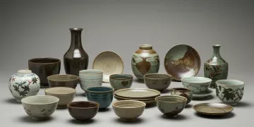 Diverse collection of Japanese pottery, including tea bowls, vases, and plates, elegantly displayed for collectors.