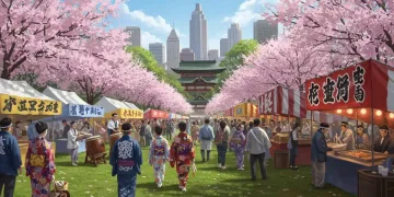 Vibrant Japanese festival in US park with cherry blossoms and traditional performers