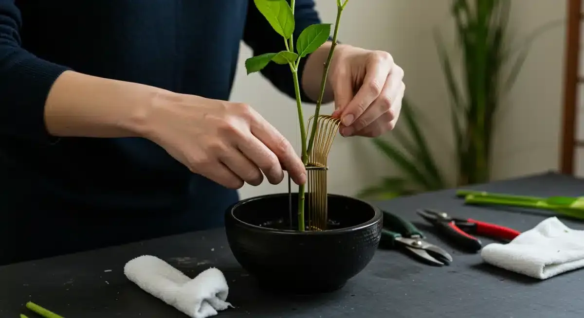 Hands meticulously arranging flowers on a kenzan, showcasing the precise technique of traditional Ikebana.