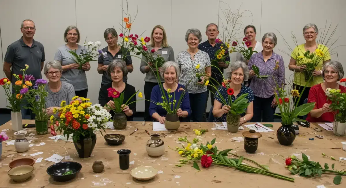 Diverse US enthusiasts engaged in an Ikebana workshop, learning Japanese flower arranging with various materials.