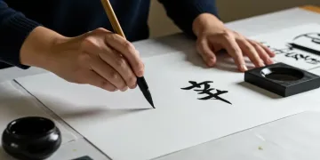 Beginner practicing Japanese calligraphy with brush and ink in the US