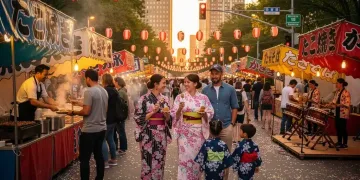 Vibrant crowd enjoying a Japanese festival in a US city, with traditional food stalls and colorful lanterns.