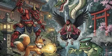 Iconic Japanese folklore creatures in a mystical landscape