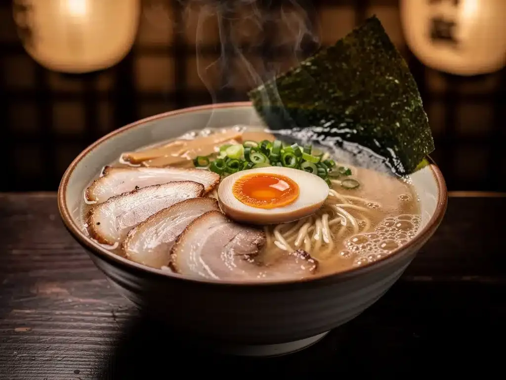 Steaming bowl of authentic tonkotsu ramen with chashu and egg, ready to be enjoyed.