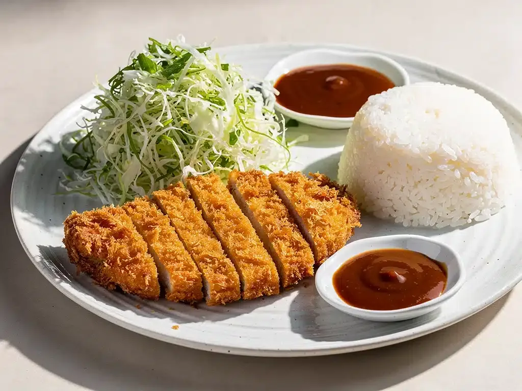 Crispy chicken katsu with tonkatsu sauce, cabbage, and rice on a Japanese plate.