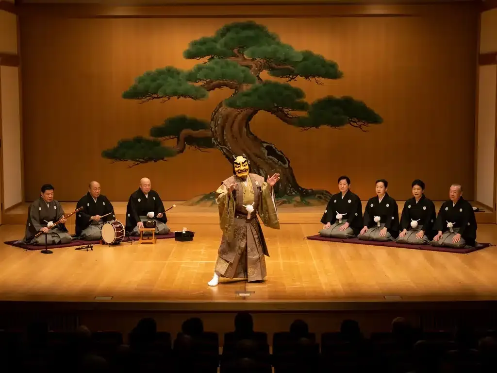 Noh stage with musicians and chorus during a performance