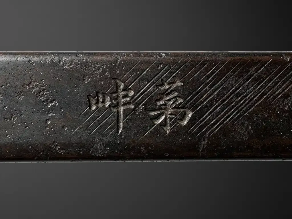 Close-up of Japanese sword nakago with signature and file marks