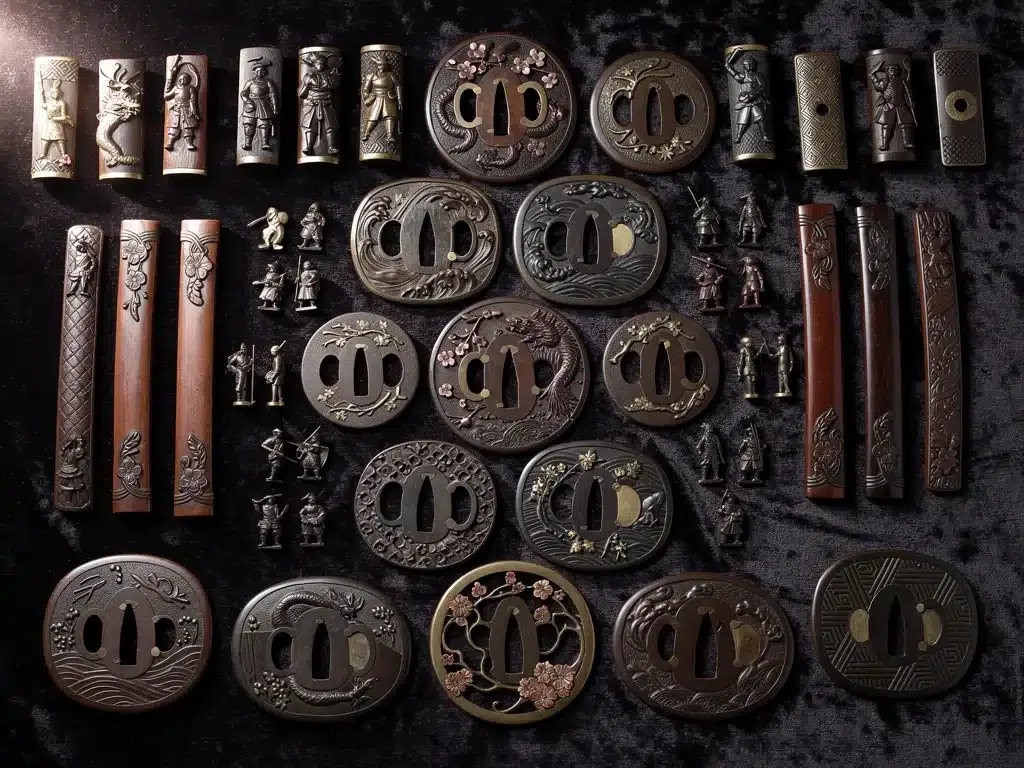 Assortment of Japanese sword fittings, tsuba, fuchi, kashira, menuki