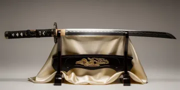Authentic Japanese katana on display, intricate craftsmanship visible