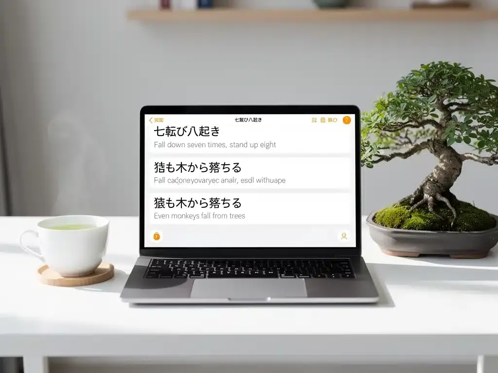 Modern workspace showing digital translation of Japanese proverbs and cultural elements.