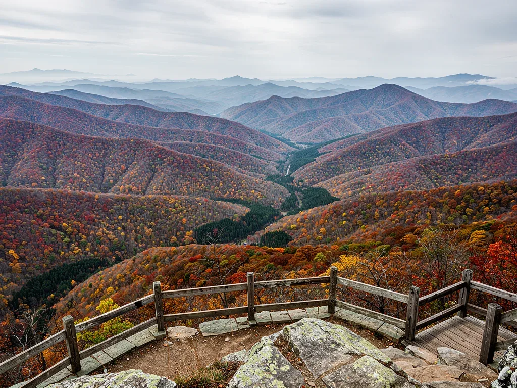 Panoramic view of the Blue Ridge Mountains adorned with a tapestry of autumn colors during fall peak.