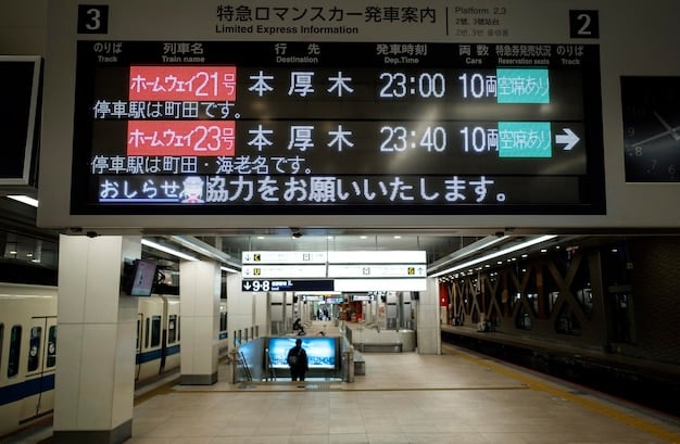 A clear, well-lit information board inside a Japanese train station, displaying train schedules, platform numbers, and arrival/departure times in both Japanese and English.