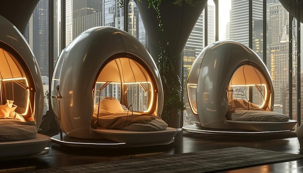 A cozy and inviting interior of a modern capsule hotel in Japan, showing the efficient use of space and individual sleeping pods.