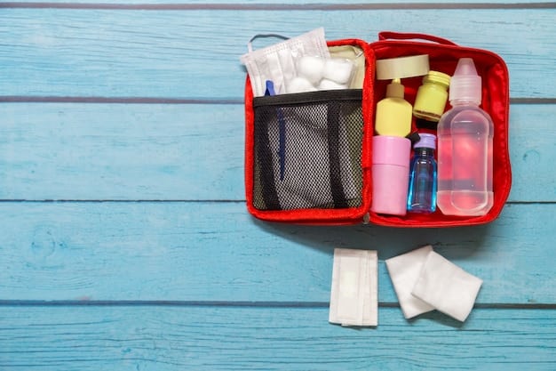 A well-organized travel first-aid kit with essential medications, bandages, antiseptic wipes, and a small bottle of hand sanitizer, placed on a clean, light-colored surface.