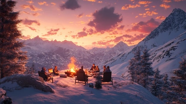 A group of people relaxing in an outdoor onsen (rotenburo) with a picturesque view of a snow-covered mountain range in the background.