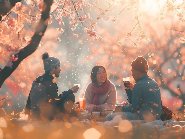 A tranquil scene of visitors enjoying a cherry blossom viewing party (hanami) in a park, with numerous sakura trees in full bloom creating a canopy of pink petals and traditional picnic mats spread out on the ground.