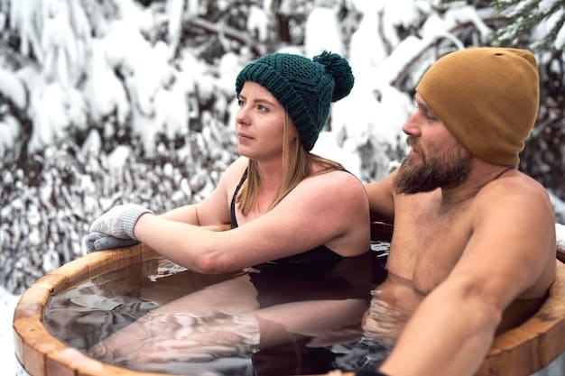 A group of American tourists enjoying a traditional Japanese onsen (hot spring) in a snowy outdoor setting. The image shows the cultural aspect of a ski trip, with individuals relaxing in the hot spring surrounded by snow-covered rocks and trees, showcasing the blend of relaxation and nature.