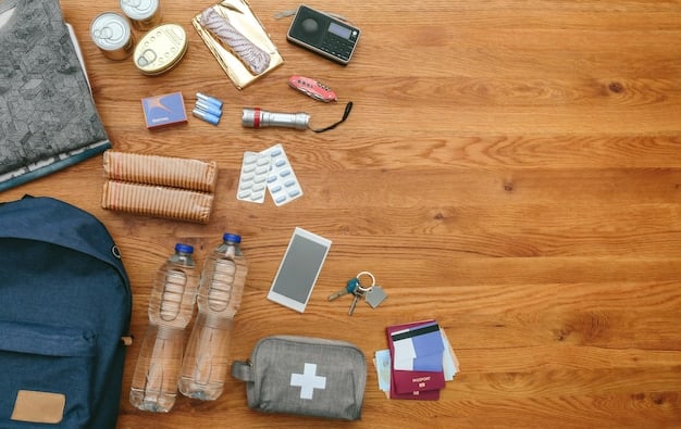 An image showing an emergency kit with essential supplies like water bottles, flashlight, first aid kit, and non-perishable food items on a wooden surface.