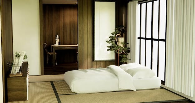 An interior shot of a Ryokan room, showcasing tatami mats, a low table, and a futon bed neatly laid out.
