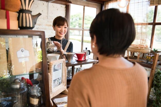A US tourist respectfully negotiating the price of a handcrafted item with a Japanese vendor at a local market. The vendor is smiling and engaging in the discussion, creating a friendly atmosphere. Other stalls and shoppers are visible in the background.