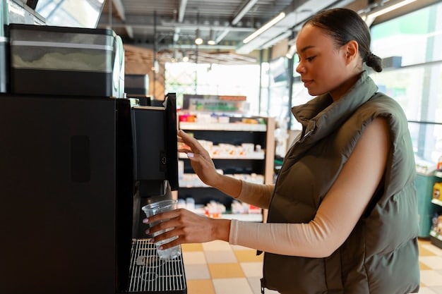 A self-service coffee machine in a Japanese convenience store, with easy-to-follow instructions in both Japanese and English.