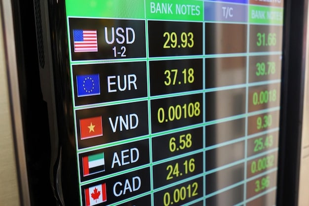 Close-up of a currency exchange booth at a major US airport, displaying exchange rates for various currencies including the Japanese yen. The booth is staffed and ready to assist travelers with their currency needs.