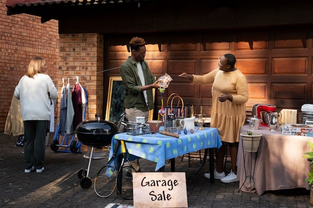 A bustling Japanese flea market with various stalls selling antiques, crafts, and local goods. Shoppers are browsing and interacting with vendors.