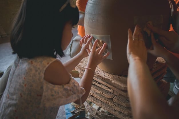 A close-up of a Japanese artisan carefully crafting a piece of pottery in a small workshop. The focus should be on the artisan's hands and the meticulous detail of the work.