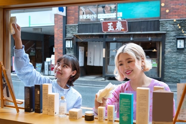 A US shopper interacting with a Japanese shopkeeper in a traditional store, engaging in a friendly conversation while examining a product. The atmosphere should be warm and welcoming.