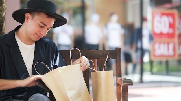 A US tourist using a reusable shopping bag at a local market in Kyoto, Japan. The market features various stalls selling organic produce and handmade crafts.