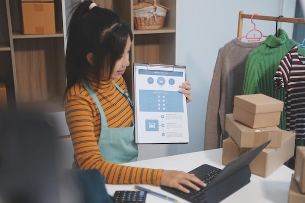 A person sitting at a desk, looking at a laptop screen displaying a Japanese online clothing store. The screen shows a detailed product page with sizing charts and customer reviews.