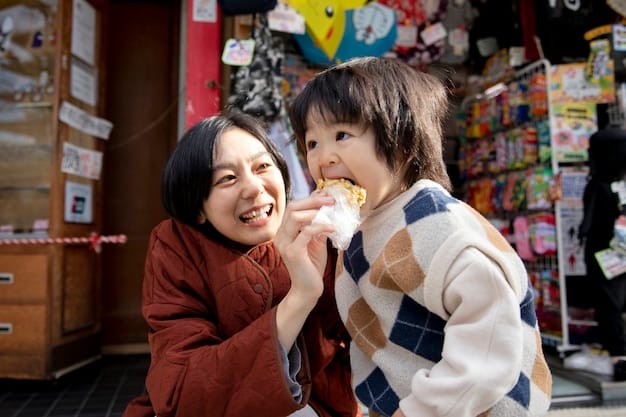 A close-up of a Japanese vendor politely interacting with a US shopper at a market stall. The vendor is smiling and gesturing towards the products, while the shopper is listening attentively.