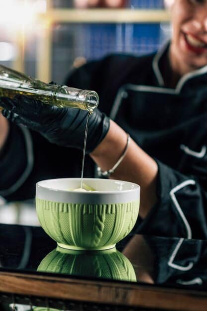 A sake sommelier carefully examining a bottle of sake in a dimly lit, traditional Japanese restaurant. The focus is on the label and their focused expression.