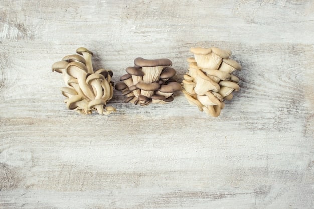 An overhead shot of dried shiitake mushrooms, showcasing their dark brown caps and light-colored stems. A few of the mushrooms are sliced, revealing their intricate patterns and textures inside.