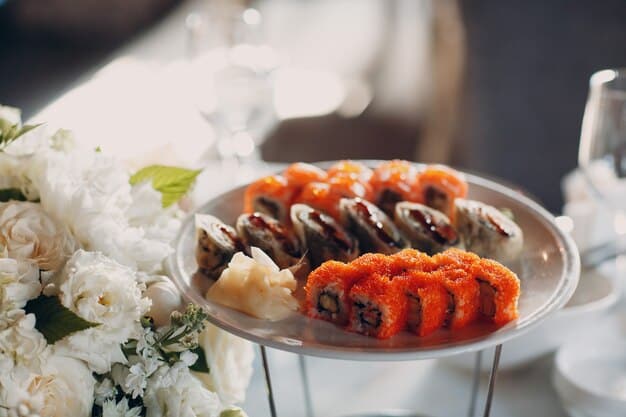 A beautifully arranged table setting with various Japanese dishes such as sushi, sashimi, tempura, and grilled fish, each paired with a different type of sake in elegant glasses. The ambiance is sophisticated, highlighting the culinary harmony.