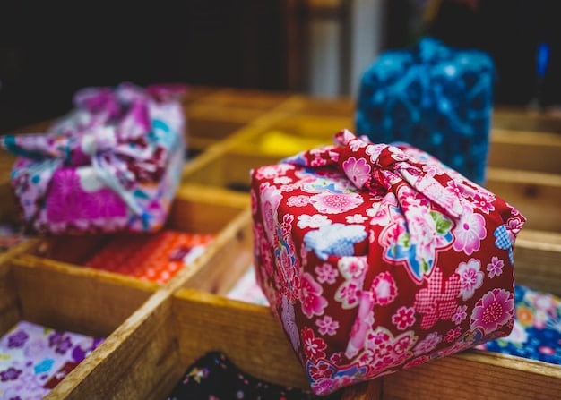 An assortment of beautifully wrapped gifts using traditional Japanese wrapping techniques, showcasing various colors and patterns of furoshiki.