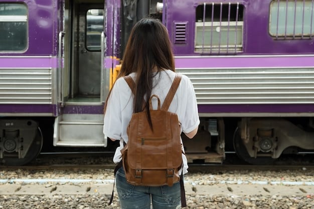 A person politely holding their backpack in front of them on a crowded train in Japan to avoid hitting others. Focus on capturing the considerate behavior.