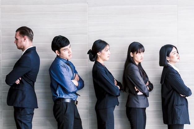 A group of Japanese office workers standing in a row, bowing in unison to apologize for an error. The shot captures the formal attire and serious expressions on their faces.