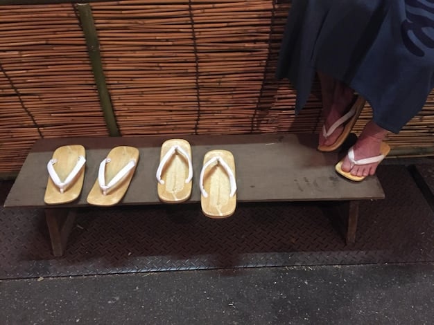 A close-up of neatly arranged slippers at the genkan (entrance area) of a Japanese home, symbolizing the custom of removing outdoor shoes.