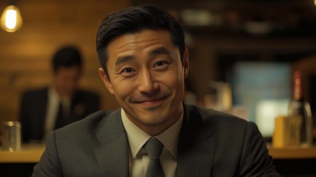 A Japanese businessman in a suit, nodding attentively during a meeting with colleagues. The focus is on his eyes and facial expression, showing his engagement and respect.