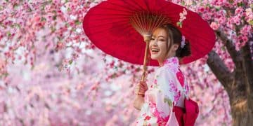 Woman enjoying Cherry Blossom Season in Japan.