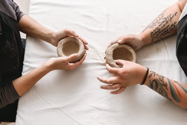 Close-up of a potter's hands shaping intricate details on a traditional Japanese ceramic vase, showing the texture of the clay and the artist's focused expression.