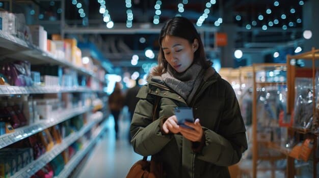 A shopper carefully examining a Japanese food label inside a brightly lit supermarket aisle, possibly using a smartphone translation app.