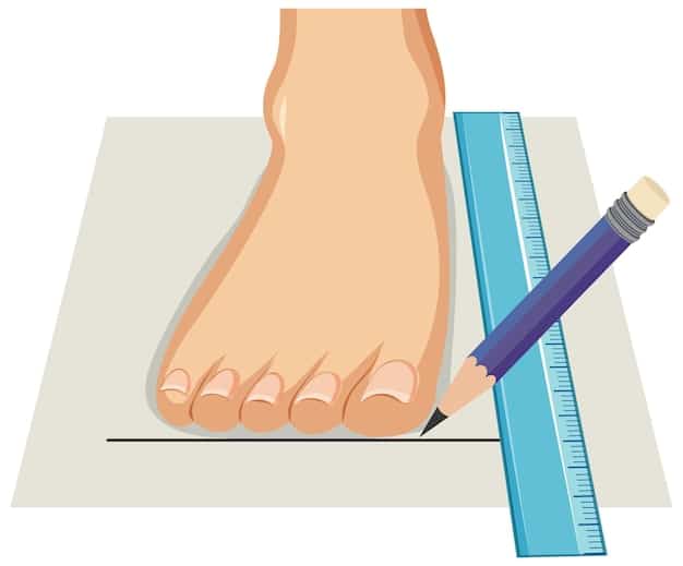 A person measuring their foot with a ruler on a white background, next to a Japanese shoe size conversion chart.